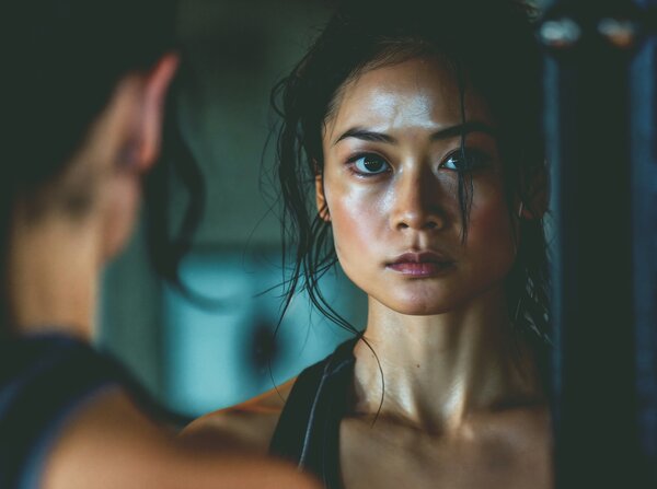Woman looking at herself in the mirror for motivation